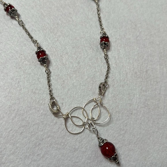 Handmade wire wrapped necklace silver with red beads. - Picture 5 of 6
